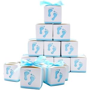 50 Pcs Cute Newborn Baby Footprints Candy Boxes with Ribbon Baby Shower Candy Box Party Table Decor Birthday Party Gift Favor(Blue)
