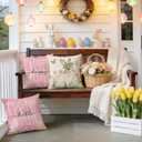 2 x Amandir Easter Pillow Covers 18x18 Inch Set of 4, Easter Decorations Bunny Rabbit Pink Covers Floral Eggs Spring Cushion Case Throw Pillow for Sofa Couch Living Room Bed Holiday Home Decor