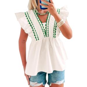 Tankaneo Womens Babydoll Peplum Tops Ruffle Cap Sleeve V Neck Blouse Dressy Cute Summer Pleated Shirts Trendy (Beige, L)