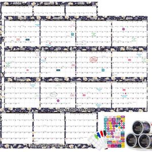 32" x 48" 2025 Wall Calendar Erasable Large Wet & Dry Erase Laminated 12 Month Annual Yearly Wall Planner,JAN 2025 - DEC 2025, Reversible, Horizontal/Vertical with Markers & Planer Stickers (Dark Blue Flower)