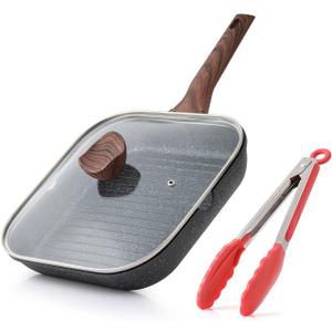 Kordisen Nonstick Grilling Pan with Lid for Stove Tops, 11 Inch Square Grill Pan for Indoor Cooking, Granite Coating Grill Skillet with Pour Spouts, Versatile Griddle, Induction Steak Pan, PFOA Free (Black)
