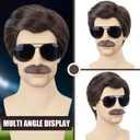 Mens Short Brown Wig + Mustache + Sunglasses + Wig Cap for 70s 80s Costume Funny Synthetic Male Wigs for Cosplay Halloween Party