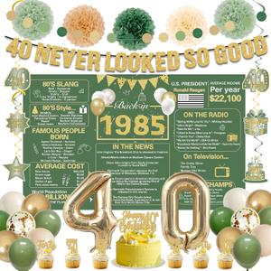 Crenics Green and Gold 40th Birthday Decorations for Men or Women - Back in 1985 Backdrop, Banner, Paper Pom Poms, Hanging Swirls, Cake Topper and Balloons for 40 Birthday Party Supplies