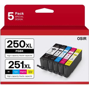 PGI-250XL CLI-251XL 5 Color Value Pack, Compatible for Canon 250 251 Ink Cartridges to use with PIXMA MX922, MG5420, MG5520, MG5522, MG6320, MG6620, iP7220 (PGBK, Black, Cyan, Magenta, Yellow)