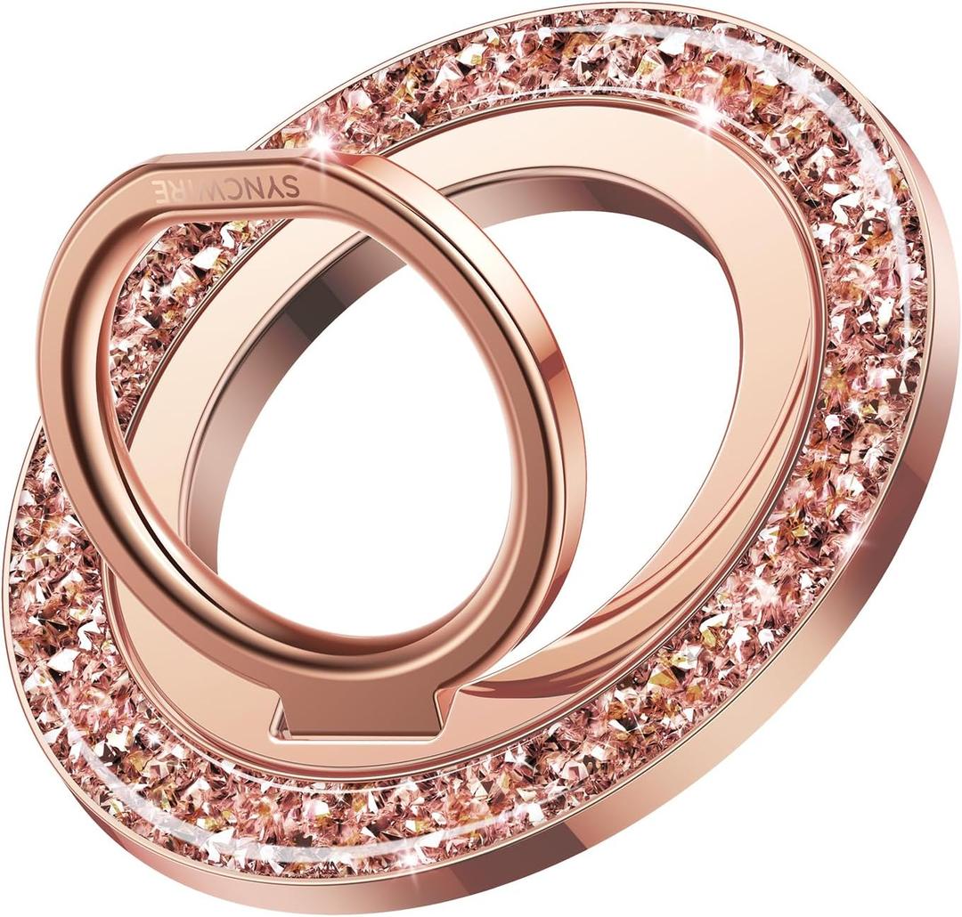 SYNCWIRE Magnetic Phone Ring Holder for MagSafe - Glitter Phone Grip Stand with 360 Rotation Finger Ring Kickstand Blingbling Compatible with iPhone 17 16 15 14 13 12 Pro Max MagSafe Accessories (Single Ring-1PCS-Glitter Rose Gold)