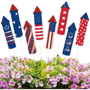 CroBlissful 8 Pcs 4th of July 250th Garden Stake Metal USA Flag Yard Sign Patriotic Decor for Independence Day Memorial Day Metal Plant Stick Outdoor Lawn Garden Home Yard Decorations(Rockets)