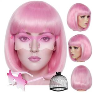ANOGOL Hair Cap + (Sunglasses) Light Pink Bob Wig with Bangs Womens Pink Party Wigs with Star Shape Sunglasses Short Neon Wig for Daily Party Outfit Fun wigs for Halloween Costume Night Club Hair