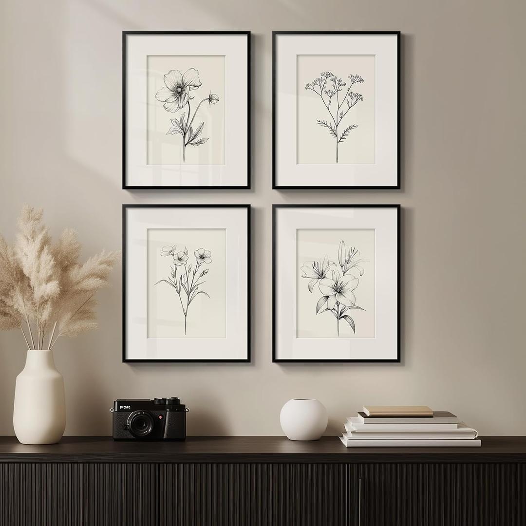 Framed Black and White Botanical Wall Art for Bathroom, Farmhouse Floral Plant Artwork for Bathroom Walls, 4 Piece Minimalist Vintage Picture Prints for Bedroom Kitchen Living Room Wall Decor, 8x10 In