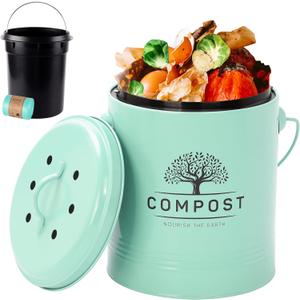 Perfnique Kitchen Compost Bin, 1.3 Gallon Countertop Compost Bin with Lid, Indoor Compost Bucket Includes Inner Bucket Liner and Carbon Filter, Small Compost Bin with Trash Bags (with Bags, Mint)
