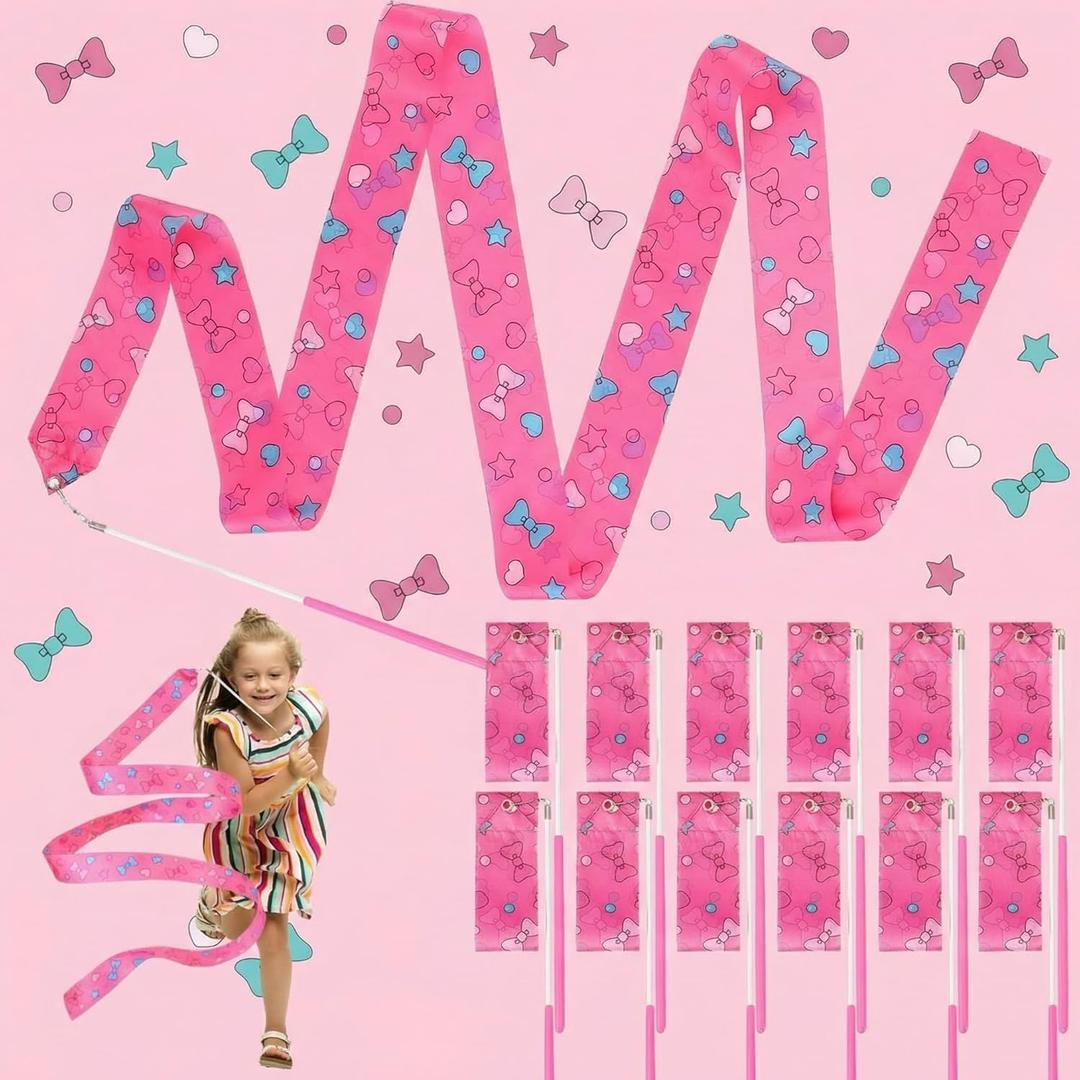 12 Pcs Kawaii Party Favors Ribbon Dancing Wands Pink Bow Tie Flower Gymnastics Ribbons Sticks Dance Streamers Dance Twirling Sticks for Girls Birthday Party Supplies Goody Bag Stuffers Gifts