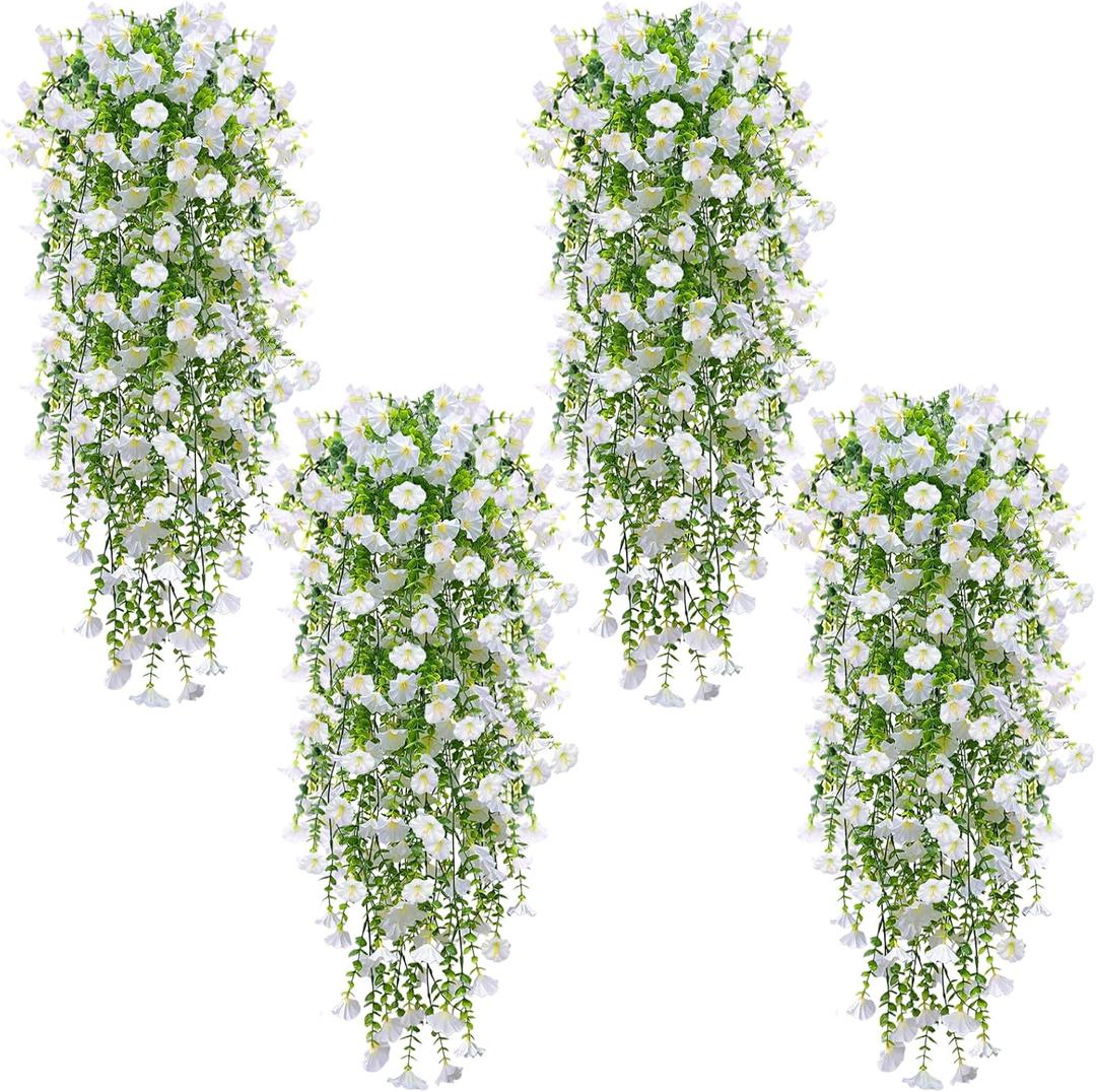 4PCS Artificial Hanging Flowers for Outdoors Summer Decoration, Fake Hanging Plants Faux Petunias with Eucalyptus, UV Resistant No Fade Plastic Realistic Silk Flowers for Porch Patio Balcony Indoor