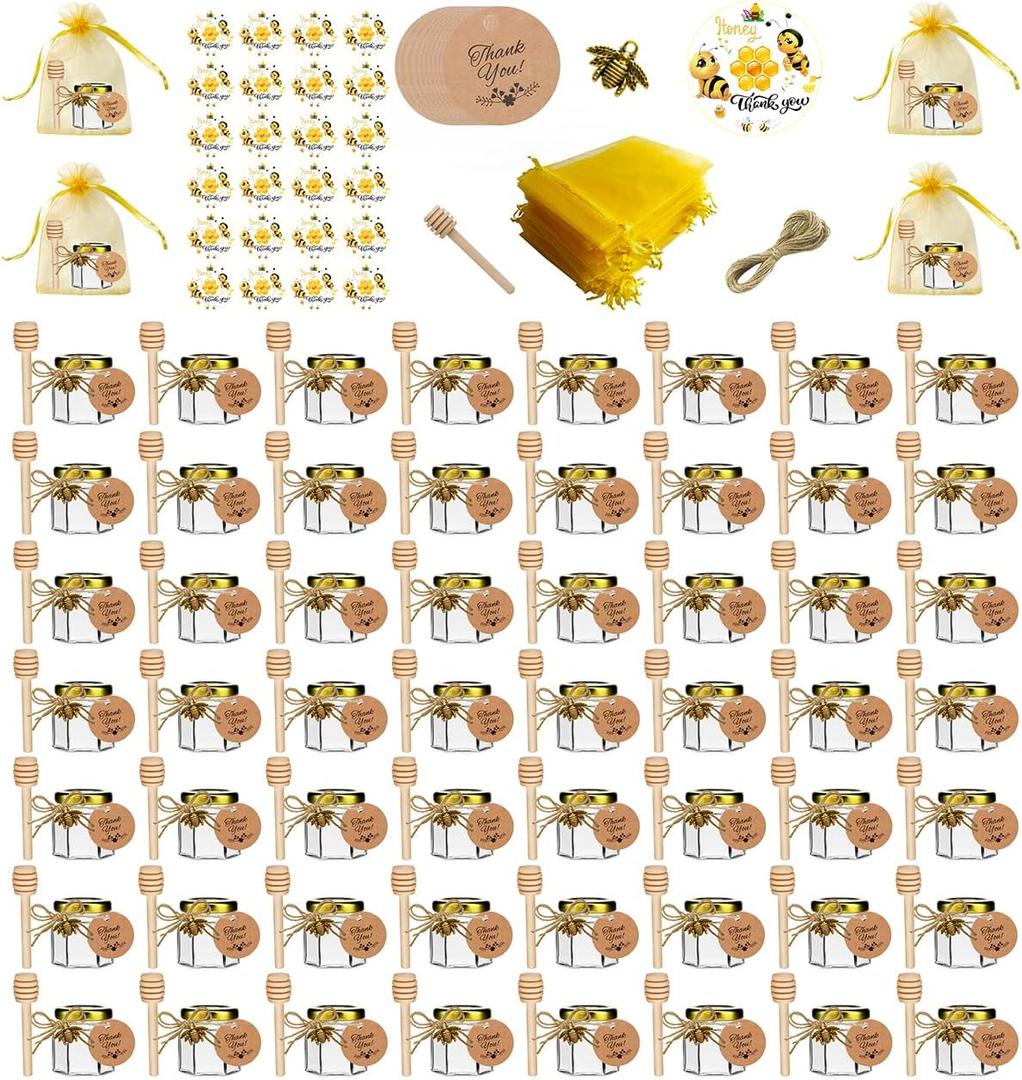 IIKUM 60 Pack 1.5 oz Hexagon Mini Glass Honey Jars with Wooden Dippers, Bee Pendants, Gift Bags, Thank You Cards, Jutes and Cute stickers- Perfect for Baby Shower, Wedding Favors and Party Favors