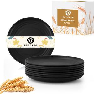 6 Inch Dessert Plates Set of 8, Unbreakable Wheat Straw Plate Appetizer Plates, Plastic Plates Reusable, Microwave & Dishwasher Safe Mini Plate for Kitchen (Black)