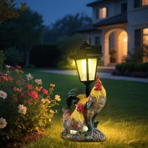 JIALINXIA Solar Garden Outdoor Statues Rooster Hen Couple with Light, Outside Decorations Chicken Sculptures for Patio Yard Lawn Walkway Ornaments