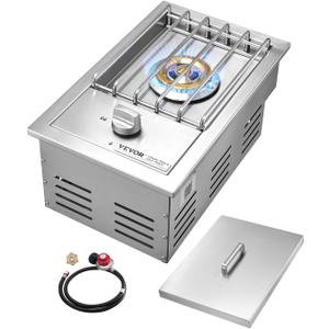 VEVOR Single Grilling Side Burner, 15,000BTU Liquid Propane Side Burner for Outdoor Kitchen, Convertible to Natural Gas, 304 Stainless Steel Built-in Single Grill Burners for BBQ Grill Island