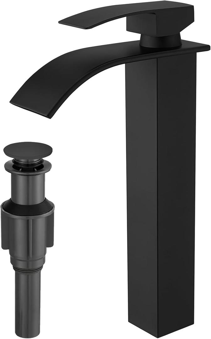 RUMOSE Tall Matte Black Bathroom Faucet with Pop Up Drain Modern Single Handle One Hole Bathroom Vessel Sink Faucet Waterfall Spout Rv Lavatory Vanity Faucet Deck Mount Mixer Tap, Stainless Steel