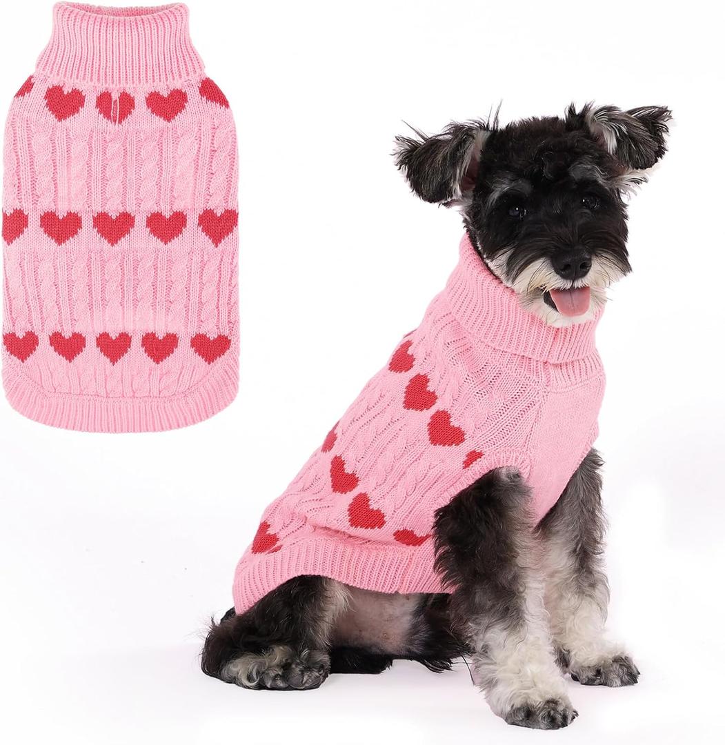 KOOLTAIL Valentine's Day Dog Sweater Turtleneck, Cold Weather Pullover Classic Knitwear, Heart Pattern Thick Warm Winter Pet Clothes, Cable Knit Sweater for Small Medium Large Dogs Girl Boy, Pink M