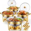 ALSO GO Chafing Dish for Buffet, 7QT 4 Pack Gold Round Chafing Dish Set with Glass Lid, Stainless Steel Serving Tray, Water Pan, Stand, Fuel Holder, Food Warmer for Party, Gathering, Banquet, Wedding