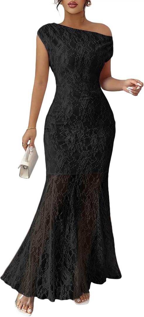 MITILLY Formal 2026 Summer Wedding Guest Dress for Women One Shoulder Bodycon Mesh Cocktail Maxi Dresses (Medium, Black)