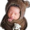 Vemonllas Newborn Photography Props Outfits Girl Boy Teddy Bear Hat with Wrap Stretch Blanket Baby Photo Props (Coffee)
