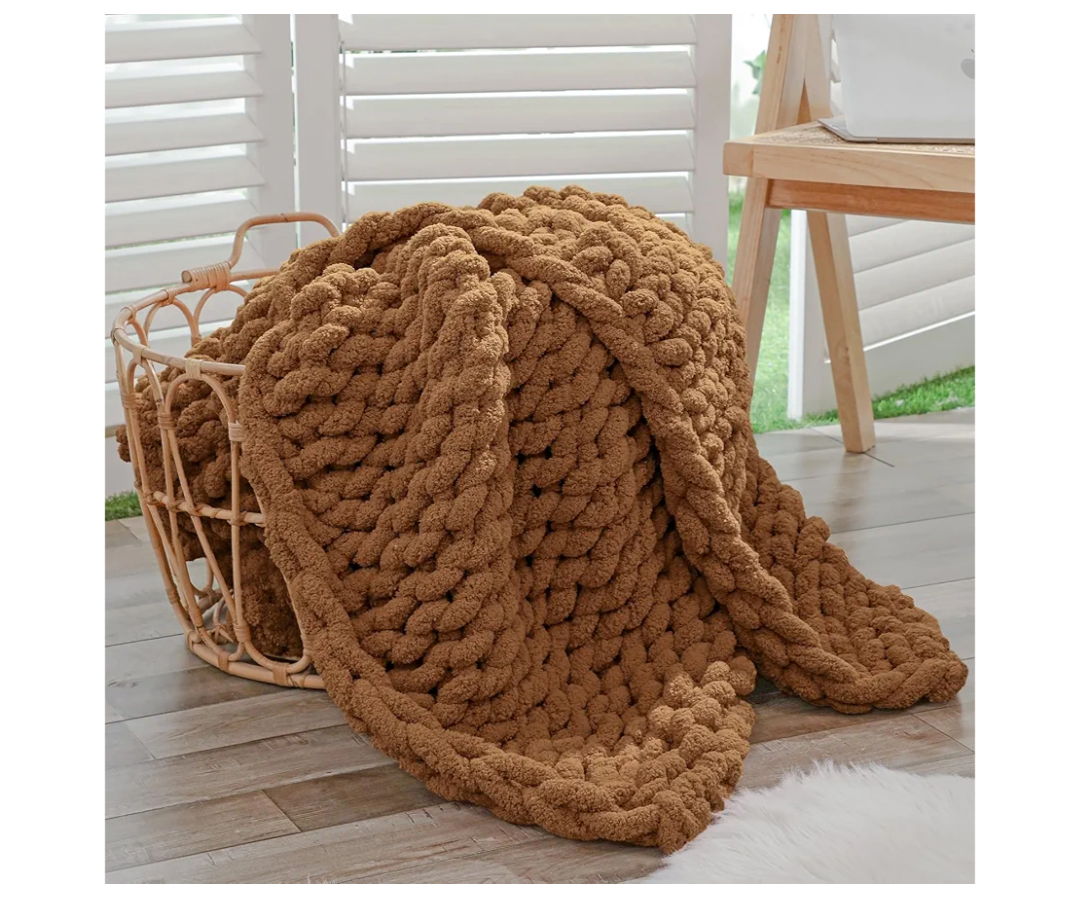 igacogo Chunky Knit Throw Blanket for Couch, 40x60 inches, 100% Hand Knitted with Thick Jumbo Chenille Yarn, Cozy Soft Large Rope Knot Cable Crochet Blankets for Sofa Bed Living Room, Caramel
