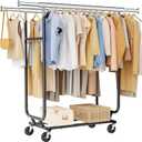 Tajsoon Double Rod Clothes Rack 480 LBS Heavy Duty, Rolling Clothing Rack with Wheels, Collapsible Clothing Rack for Hanging Clothes, Adjustable Commercial Garment Rack with Shelf, Black