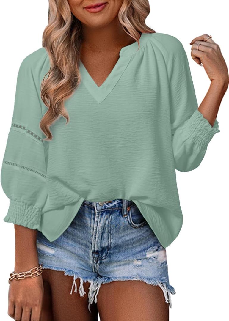 Dokotoo Womens Summer Tops 3/4 Lantern Sleeve Casual V-Neck T-Shirts Pleated Loose Tunic Hollow-Out Blouse (Large, Green)