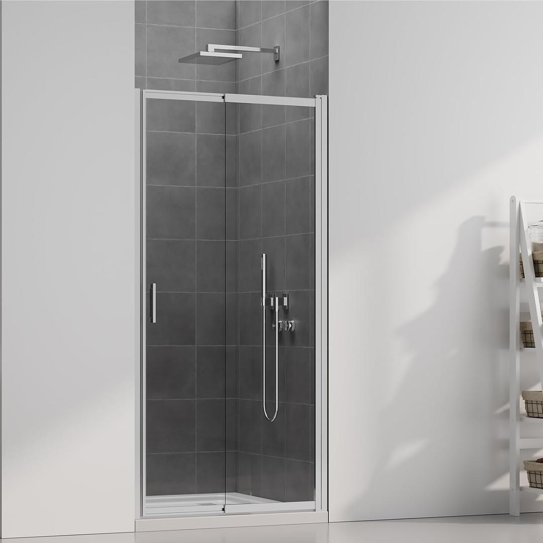 32" (31-33") W x 72" H Pivot Swing Glass Shower Doors, 180 Rotating Retractable Bathroom Shower Door, Frameless Sliding Extended Bypass Shower Door with 3/16" Clear SGCC Tempered Glass Chrome
