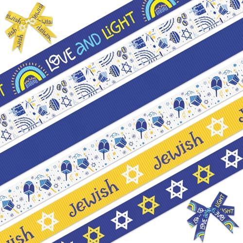 ALIBBON 6 Rolls 30 Yards 3/8" Hanukkah Ribbon Chanukah Grosgrain Ribbons for DIY Crafts Hanukkah Decor, Star of David Ribbons White Blue Ribbons for Jewish Gift Wrapping Bows Crafting Supplies