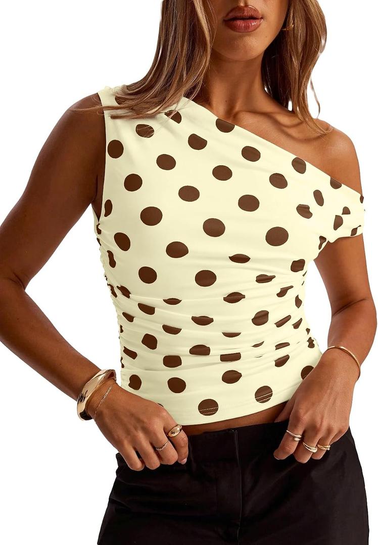 Women Y2k Vintage Polka Dot Asymmetrical Off Shoulder Ruched Crop Tank Tops Slim Fitted Sleeveless Cute Shirts (M)
