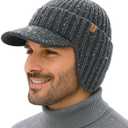 TOP-EX DryKnit Waterproof Merino Wool Beanie Hat with Brim Ear Flaps Fleece Lined Ski Cap for Cold Weather & Large Heads (Gray)