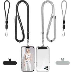takyu Phone Lanyard, 2 Pack Adjustable Cell Phone Lanyard Crossbody Neck Strap & 2 Pack Phone Wrist Strap with 2 Pcs Tether Tabs Compatible for iPhone Android Smartphones, Black and Grey