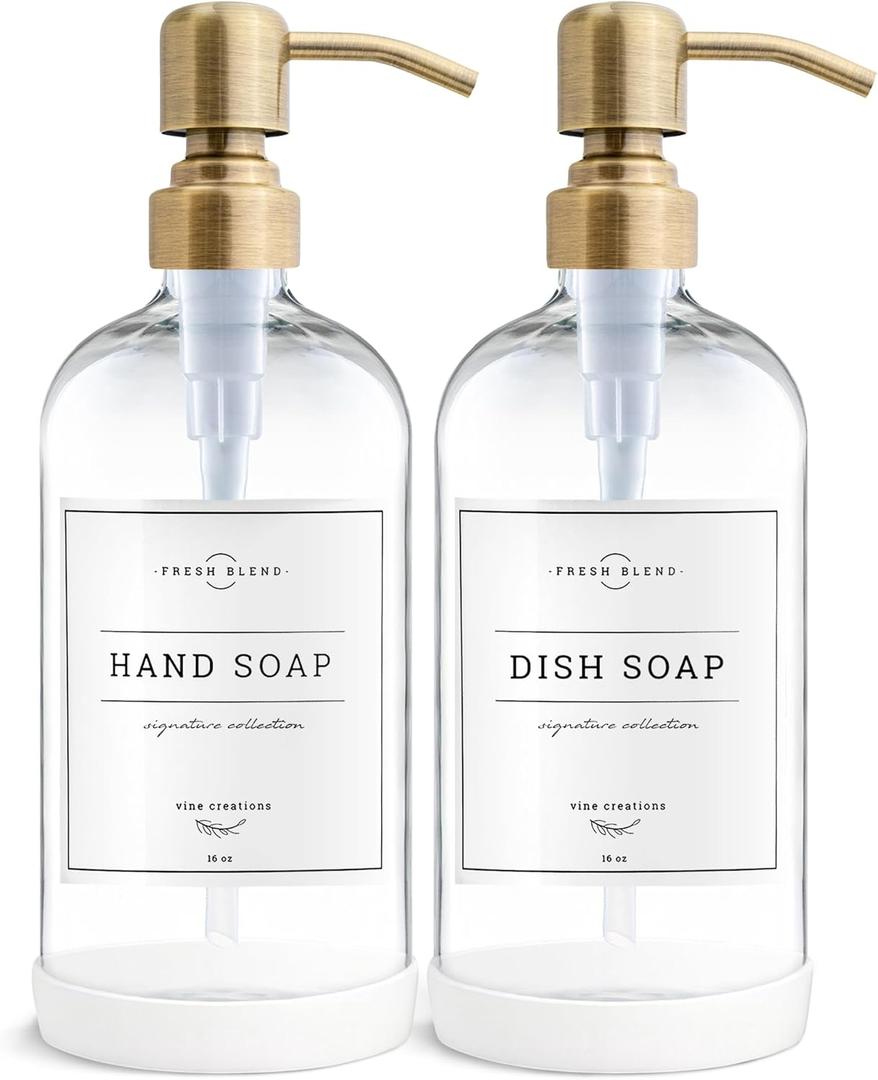 Vine Creations Clear Glass Soap Dispenser, 2 Pack Kitchen Soap Dispenser Set with Stainless Steel Pump, 16 oz Dish Soap and Hand Soap Dispensers for Bathroom with Waterproof Labels (Clear Bottle / Brushed Brass Pump)