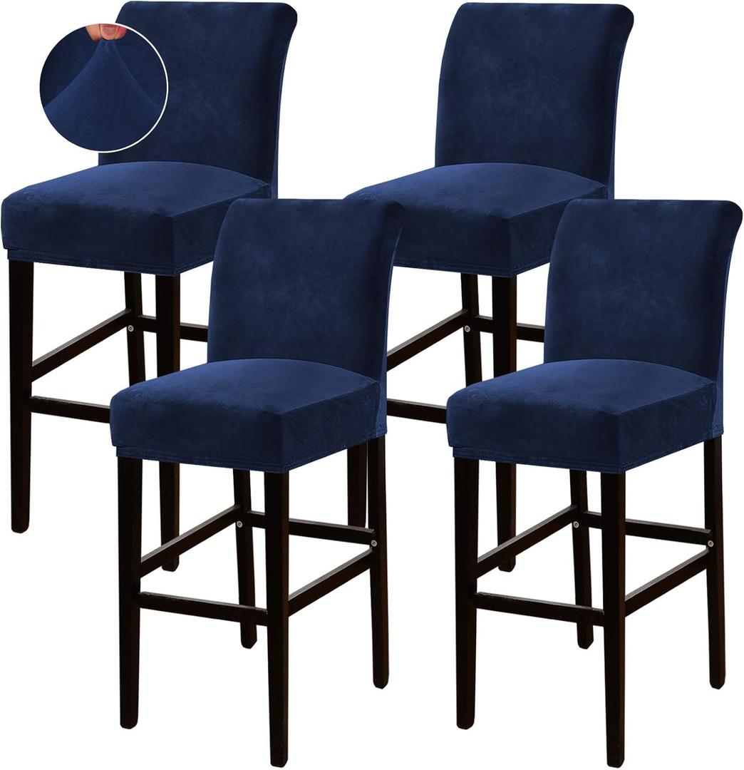 Turquoize Bar Stool Covers 4 Pack Bar Stool Covers with Backs Barstool Covers Velvet Bar Stool Seat Covers Slipcover Pub Counter Stool High Back Chair Covers, Thick Soft Modern Style, Navy, 4