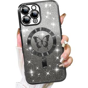 Fiyart Designed for iPhone 11 Pro Max Case,Compatible with MagSafe Butterflies Plating Camera Protection Phone Cover, Magnetic Glitter for Women Girls Shockproof Bumper 6.7"-Black