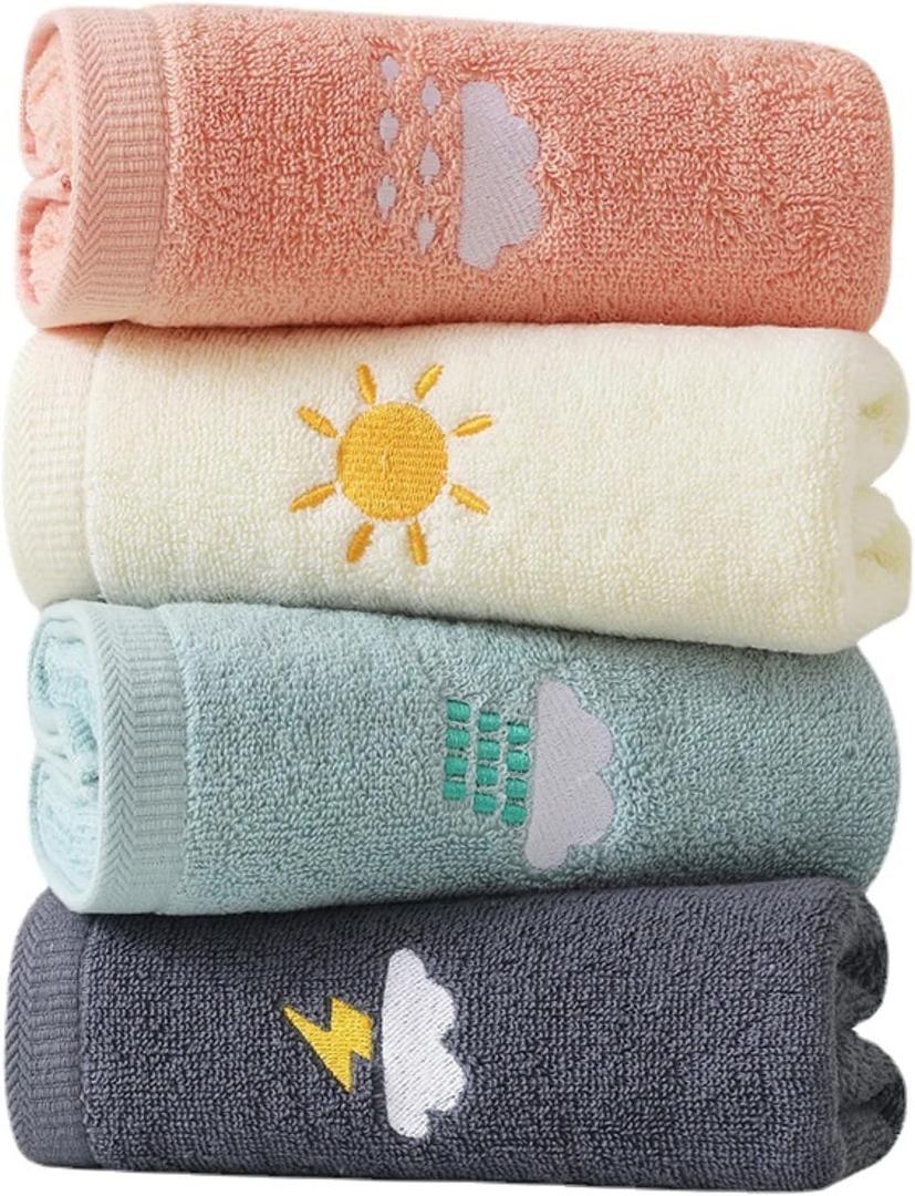 Gukasxi Children's Facial Towel, 4 Pack Kids Washcloth Towels, 100% Cotton Kids Face Towels Hand Towels for Bathroom, Multicolor Fingertip Towels Children Wash Cloths for Hand, Face, Shower
