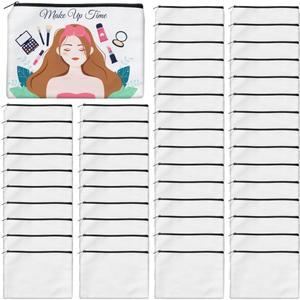 AMDAILY 50Pcs Sublimation Blank Canvas Makeup Bags, Bulk Blank DIY Heat Transfer Cosmetic Makeup Bags w/Black Zipper for Bridesmaid Makeup Bag Travel Toiletry Pouch Storage, Mother's Day Craft