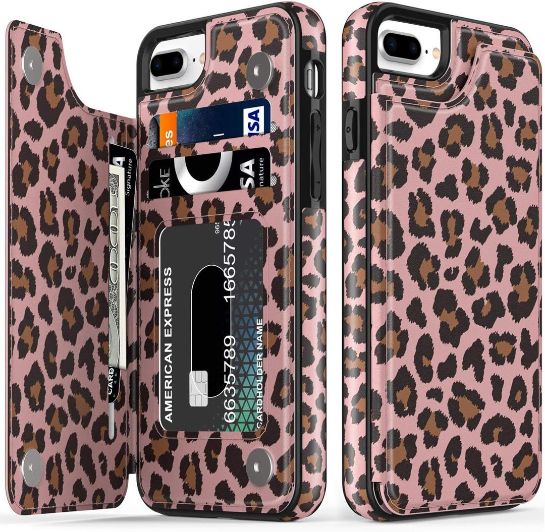 LETO for iPhone 8 Plus Case,iPhone 7 Plus Case,Flip Folio Leather Wallet Case Cover with Flower Designs for Girls Women,Card Slots,Protective Phone Shell Champagne Leopard