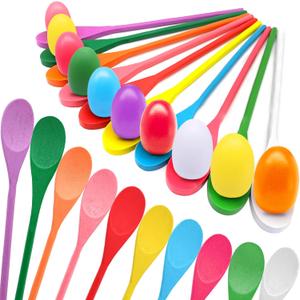 TOPLEE 20 Pcs Easter Egg and Spoon Race Game Set, 10 Players Balance Relay Easter Games Include 10 Eggs and Wooden Spoons for Kids Family Carnival Sports Outdoor Games Holiday Birthday Party Supplies