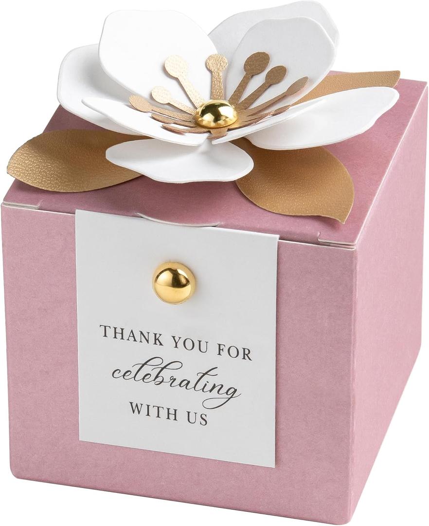 FEIYI 20 PCS Candy Boxes, 3 In 1Dusty Rose Favor Boxes with Floral Decor, White Thank You Tags Gift wrapping for Wedding Birthday Baby Shower Decorations Party -2.55x2.55x2.55''