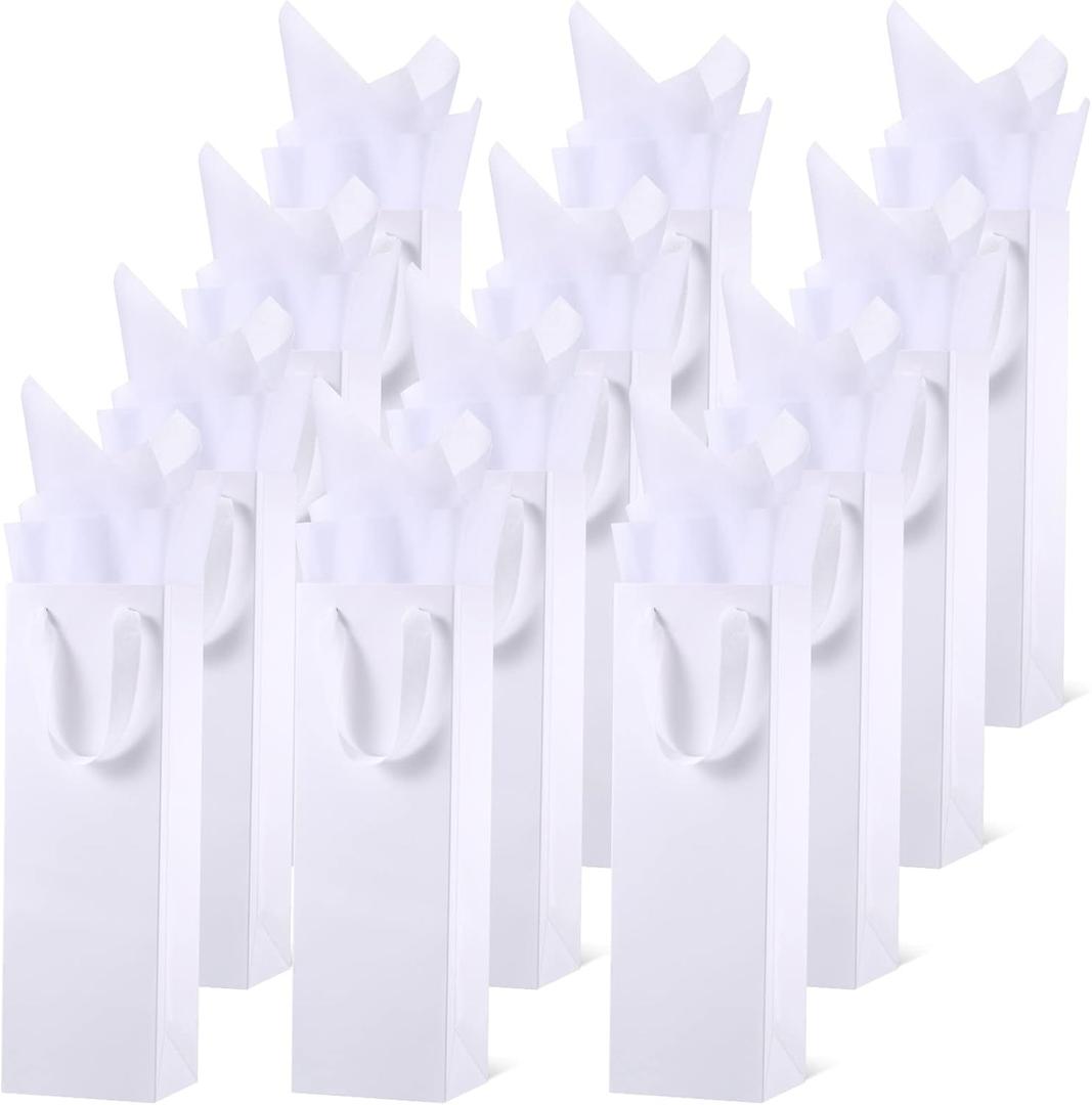 Zonon 12 Pcs Wine Gift Bag with Handles and Tissue Paper 4 x 3.5 x 14 Inch Wine Bottle Gift Bags for Wedding Graduation Party Mother's Day Birthday Bridal Shower Holiday Party(White)