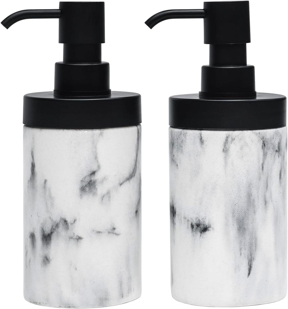 Suanti 2Pcs White Marble Style Resin Soap Dispenser Set for Bathroom Countertop&Kitchen Sink Decor, Large-Openning Soap Bottles with Matte Black Pumps Easy Refil-10 oz, Elegant and Solid Design
