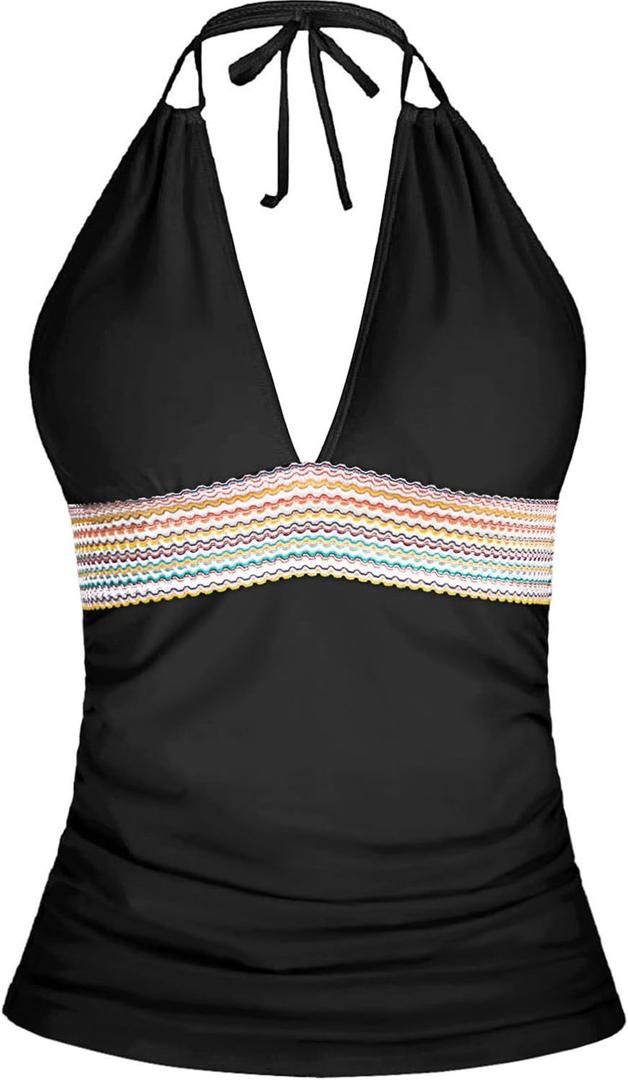 Yonique Women's Halter Tankini Top V Neck Swim Top Tummy Control Bathing Suit (Black, XL)