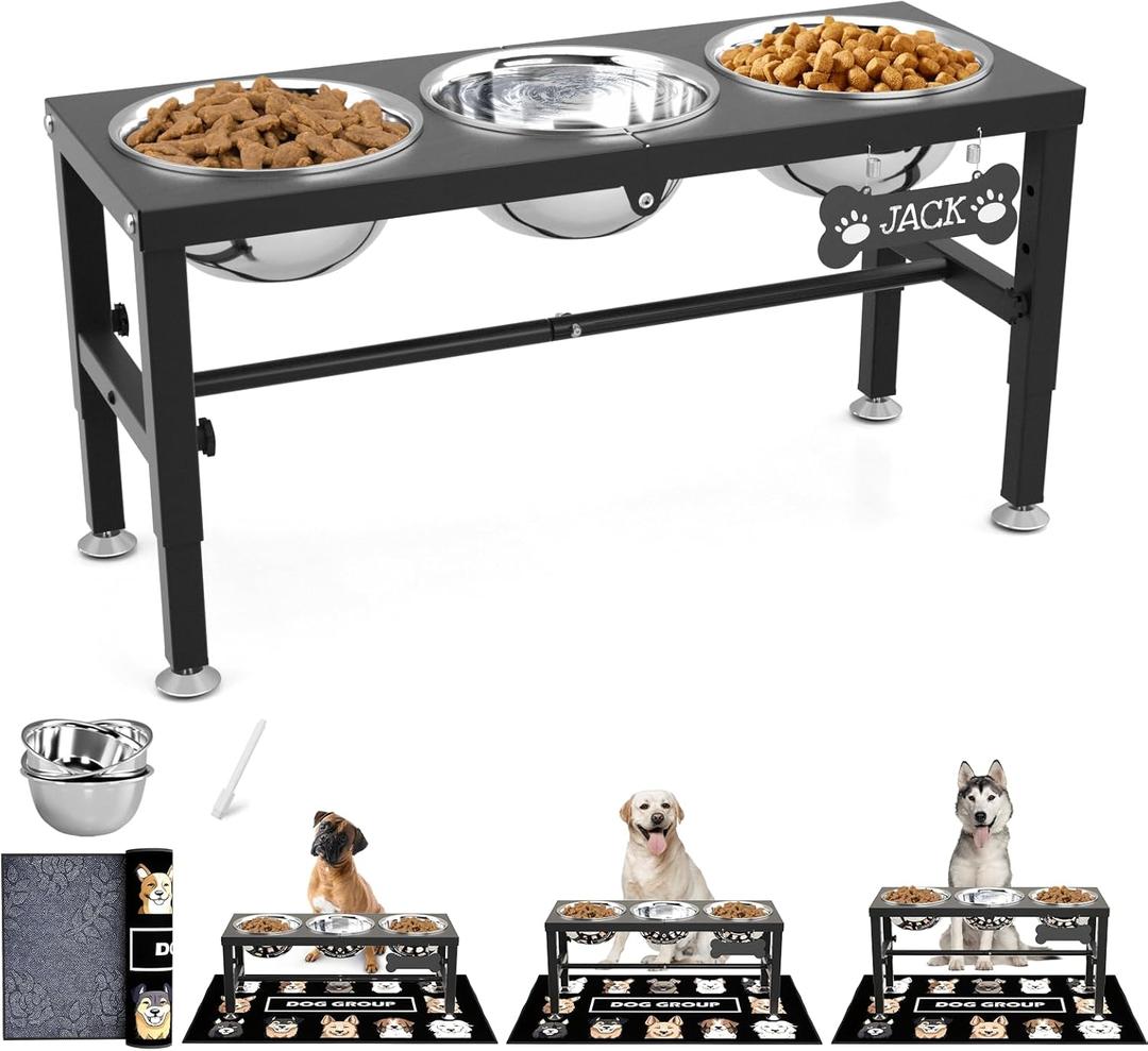 SHAINFUN Metal Elevated Dog Bowls Stand for Large Dogs with Mat & Three 58oz Food Water Bowls, Adjustable Height Raised Dog Bowl Stand (Black-White)