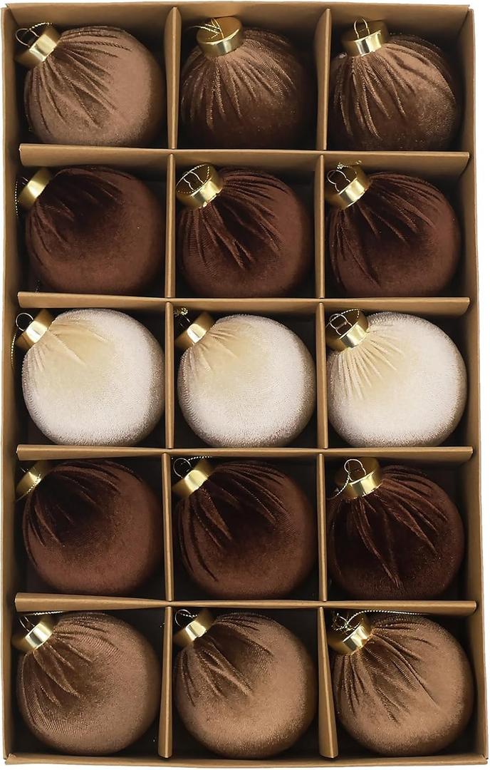 3.15inch Velvet Ornaments for Christmas Tree, 15pcs Multicolor Flocked Christmas Ornaments Decorations Balls Set Decor (Brown/Coffee/Beige)