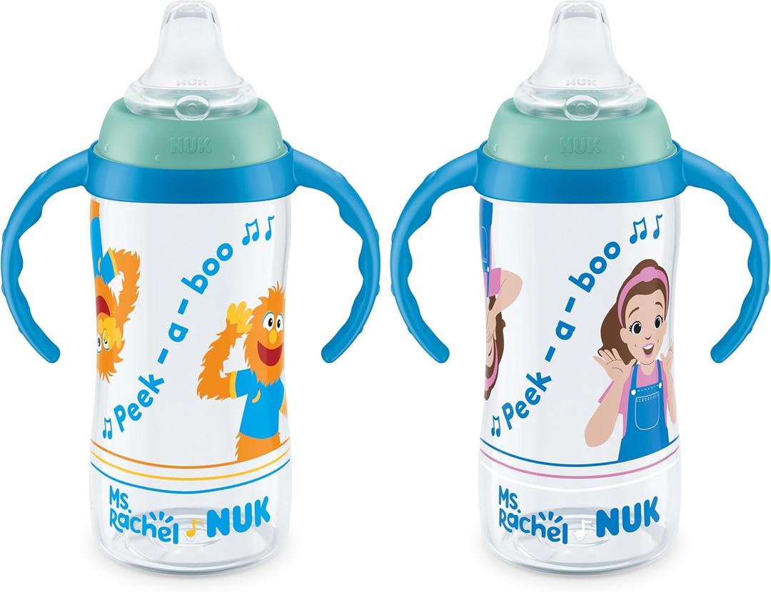 NUK Learner Cup, Ms. Rachel, 10 oz, 8+ Months, 2 pack Soft Spout, Easy-Grip Handles, BPA Free, Spill Proof Transition Sippy Cup