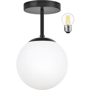 Mid Century Modern Globe Semi Flush Mount Ceiling Light Fixture, Frosted Glass with Black Finish, 1-Light Sphere Glass Pendant Lights for Aisle Porch Stairway Closet Kitchen Laundry Room(Bulb Incl.)