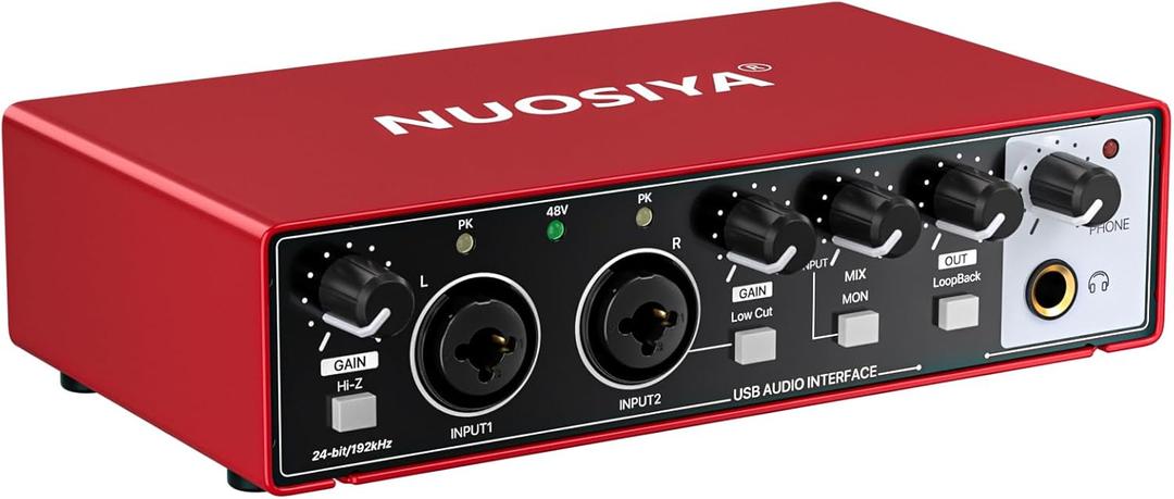 USB Audio Interface for PC Computer Recording Music, Red Guitar Audio Interface for Mac 24Bit/192kHz Podcasting Streaming for Vocalist Producer with 48V Phantom Power