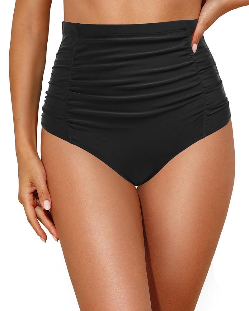 Tempt Me Women's High Waisted Swimsuit Bottom Tummy Control Ruched Bikini Bottom Vintage Swim Bottom Tankini Briefs L