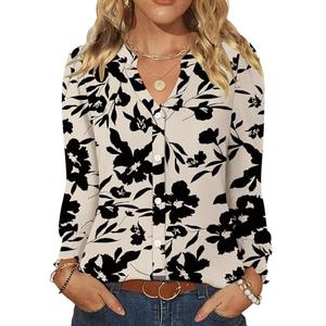 LOMON Womens Blouses Long Sleeve Shirt V Neck Button Down Blouse Summer Dressy(Apricot Black-Floral, Medium)